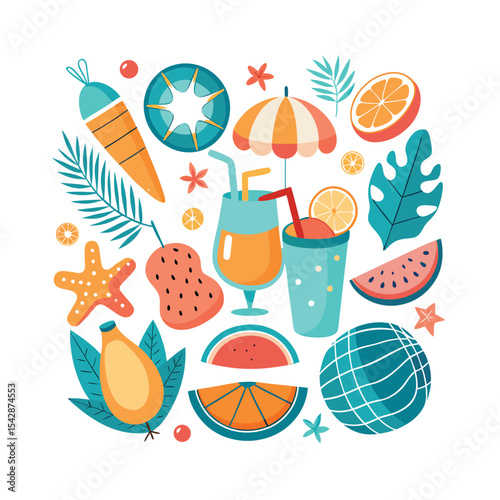 Colorful Summer Illustration with Beach Elements, Cocktails, Fruit, and Tropical Vibes
