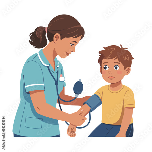 Nurse checking blood pressure of a young boy wearing a yellow shirt in a medical examination setting