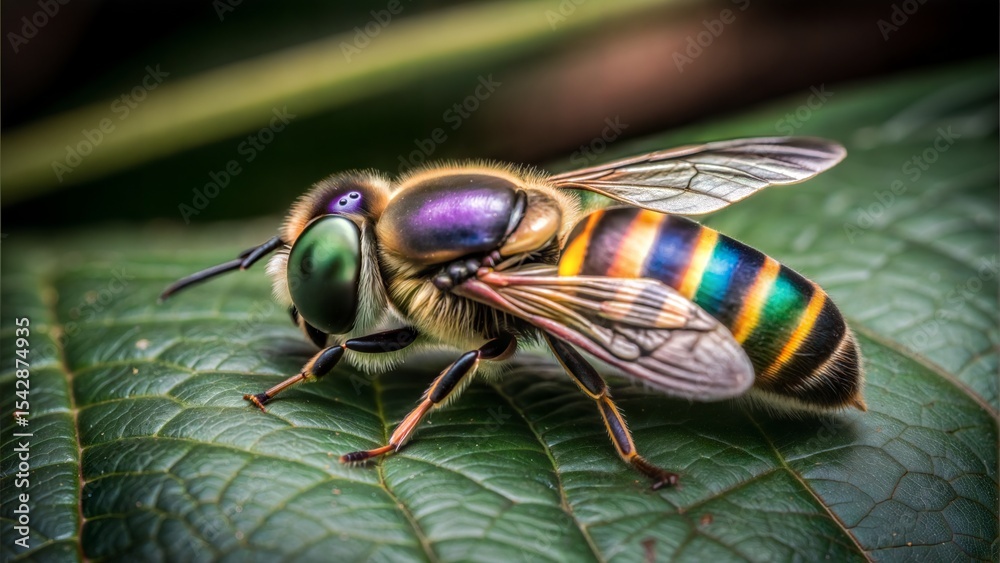 Fototapeta premium Colorful bee on a green leaf close up