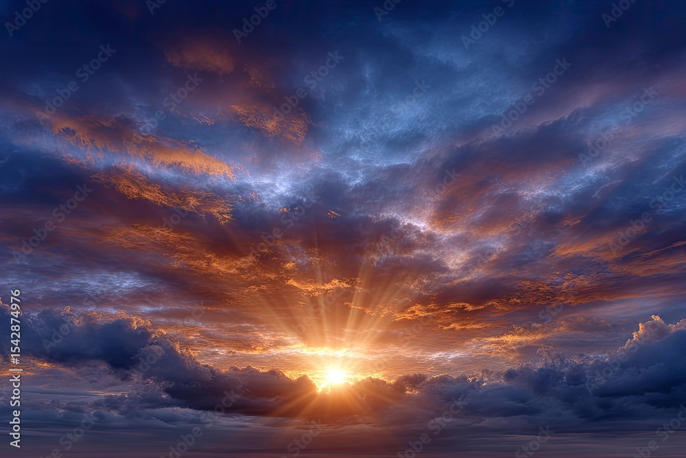 Fototapeta premium Sunburst in clouds sun beaming upwards through cloud layer with varied coloration from gold to grey to blue