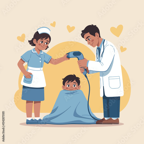 A doctor and a nurse giving a young boy a haircut with a blue device in a friendly and caring manner