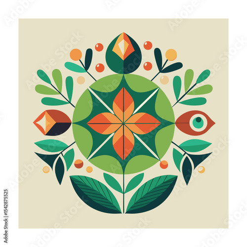 Geometric Floral Mandala with Eye, Retro Graphic Design Illustration, Wallpaper