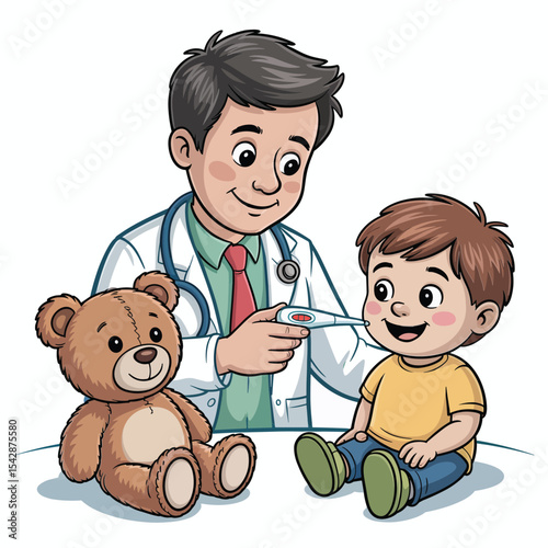A doctor taking a child's temperature with a thermometer next to a teddy bear on a white background