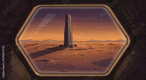 Fototapeta Naklejka Na Ścianę i Meble -  Alien Landscape Monolith in a Desolate Martian Desert, Viewed Through a Spaceship Window