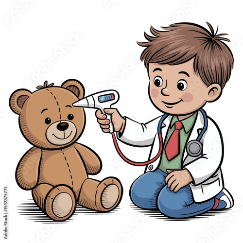 A young boy dressed as a doctor examining a teddy bear with a digital thermometer on a white background