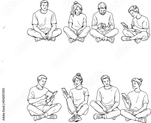 Black-and-White Vector Illustration of Social Behavior and Screen Engagement – A Contrast Between Digital Absorption and Analog Focus