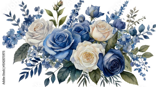 Fototapeta Naklejka Na Ścianę i Meble -  Watercolor blue and white roses bouquet isolated on transparent background isolated on white background