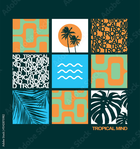 Illustration in graphic style of composition with tropical elements.