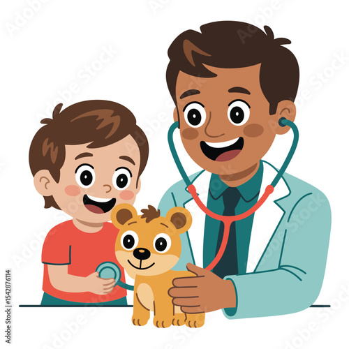 A young boy playing doctor with a teddy bear while a real doctor watches and smiles in a light scene