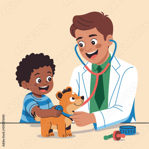 A cartoon illustration showing a doctor examining a toy dog while a child looks on happily