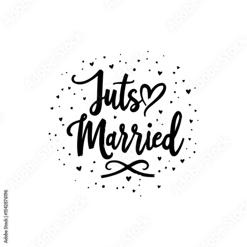 Elegant Just Married Calligraphy Design with Hearts for Wedding Celebrations