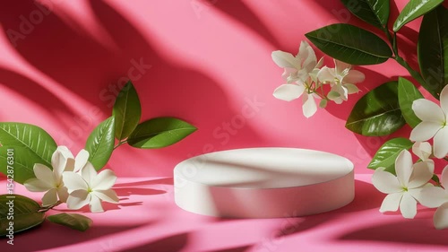 Animation of empty product display podium on bright pink background with white Stephanotis leaves and shadows

