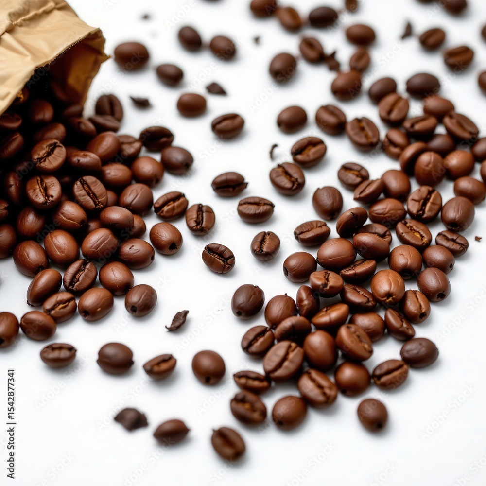 Obraz premium Freshly Roasted Coffee Beans Spilling from Open Bag on White Surface for Culinary and Beverage Use