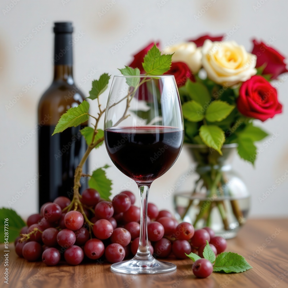 Elegant Red Wine Glass Surrounded by Grapes and Beautiful Flower Bouquet on Wooden Table Elegant Red Wine Glass Surrounded by Grapes and Beautiful Flower Bouquet on Wooden Table