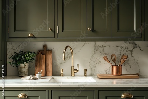 Minimalist kitchen with olive green cabinets, white marble countertop, and brass faucet. The scene includes an empty space above the counter for product placement.