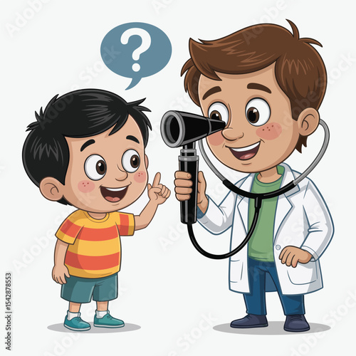 Cartoon illustration of a doctor examining a young boy with a medical instrument and question mark above