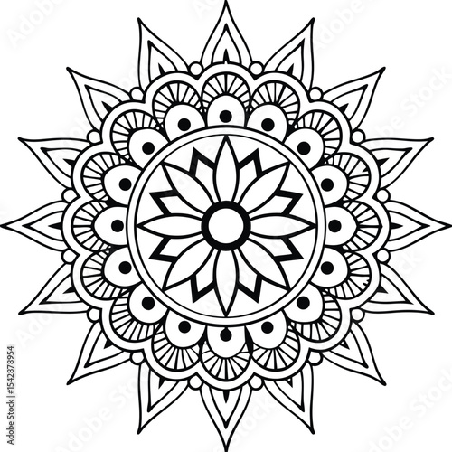 Detailed Floral Mandala Design in Black and White for Coloring Books
