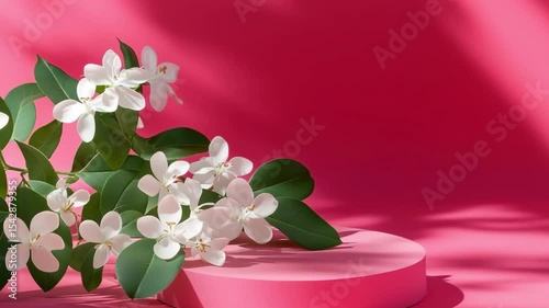 Animation of empty product display podium on bright pink background with white Stephanotis leaves and shadows
