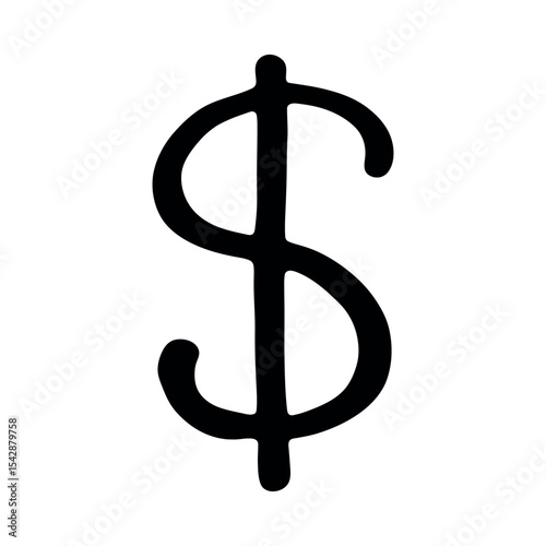 Hand drawn dollar currency symbol. Brush stroke doodle. Single element for design