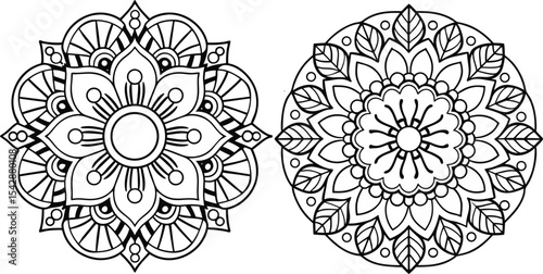 Two black and white floral mandala designs for coloring or decoration