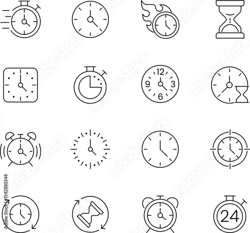 Time icon set, modern design, clock, timer, stopwatch, alarm, countdown, customizable stroke, vector, illustration