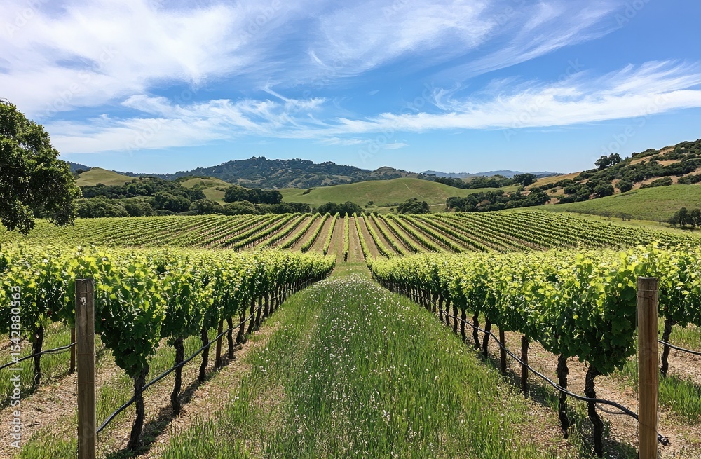 Fototapeta premium Panoramic vineyard rows stretch into distance under a clear sky