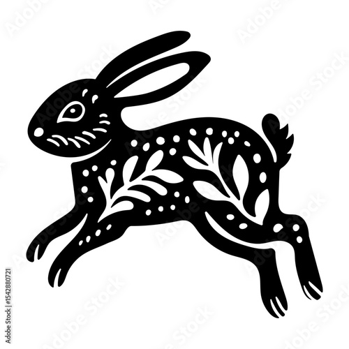 Rustic style figurine with a hare. Ethnic sticker. Bohemian animal silhouettes and floral patterns on Scandinavian style textiles. Handmade relief image of a hare in the style of linocut.