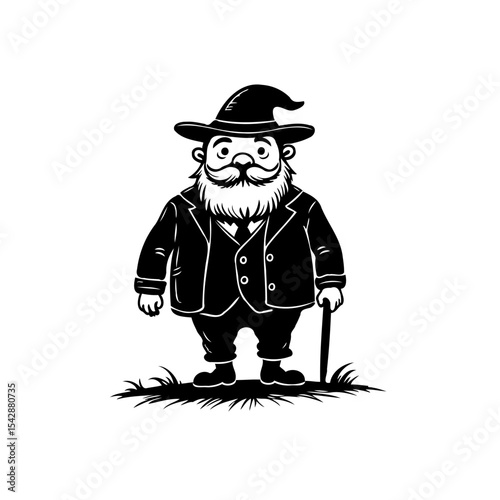 Whimsical Wizardly Figure: Black and White Silhouette of a Character with Hat