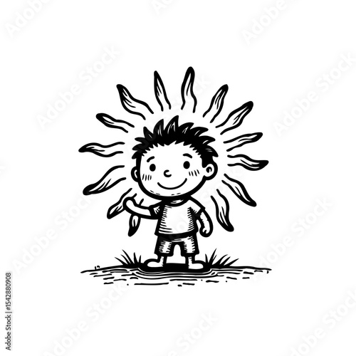 Cartoon boy standing cheerfully with a bright sun radiating from behind him
