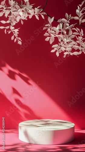 Animation of empty product display podium on bright pink background with white Stephanotis leaves and shadows
