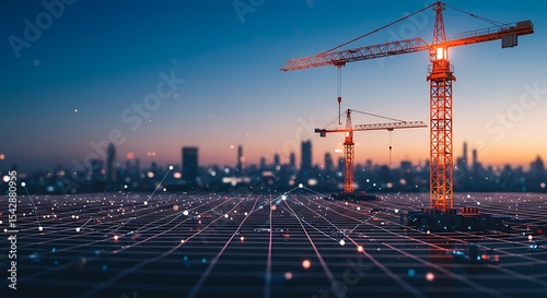 Fototapeta Naklejka Na Ścianę i Meble -  Construction cranes illuminated against city skyline at dusk showcasing modern architecture