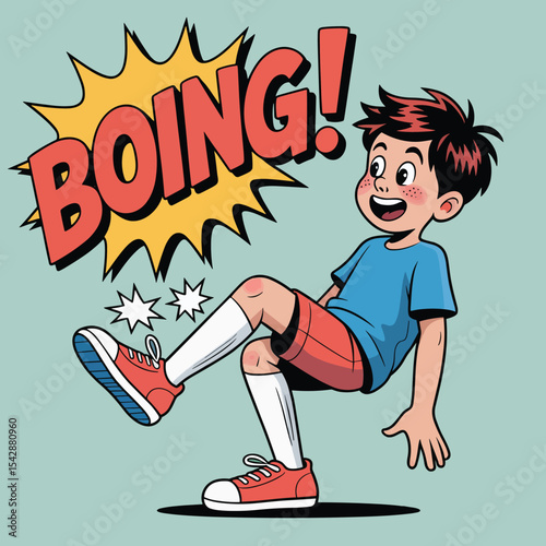 Cartoon boy kicking with boing text effect showing action and impact in a dynamic pose illustration