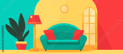Colorful Interior Illustration Featuring a Teal Sofa, Red Accents, and a Plant