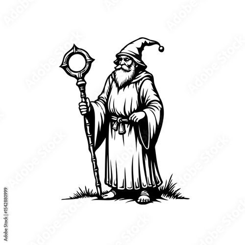 Intricate monochrome vector illustration of a wizard wielding a magical staff