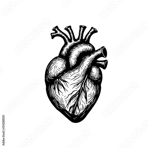 Detailed anatomical heart illustration in black and white, vintage style rendering
