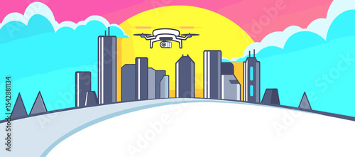 Drone Aerial View of Stylized Cityscape at Sunset