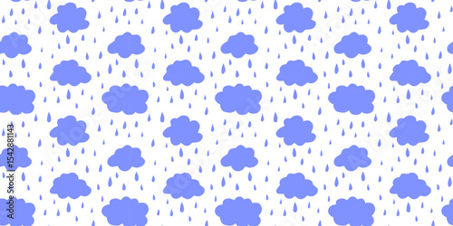 Funny blue seamless pattern with doodle rainy clouds and drops