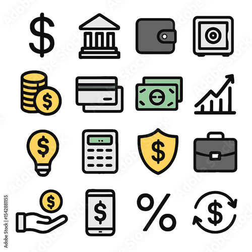 Financial Icons Representing Banking, Investment, and Monetary Concepts.