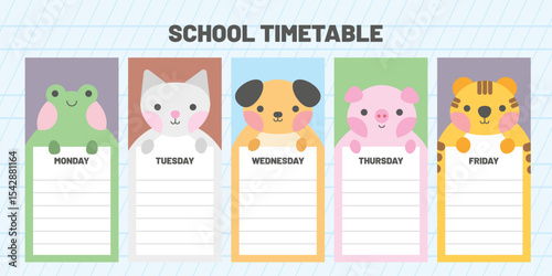 Cute school timetable for kids, kindergartens and elementary grades. Funny animals on weekly planner Monday to Friday