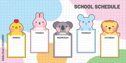 Cute school timetable for kids, kindergartens and elementary grades. Funny animals on weekly planner Monday to Friday