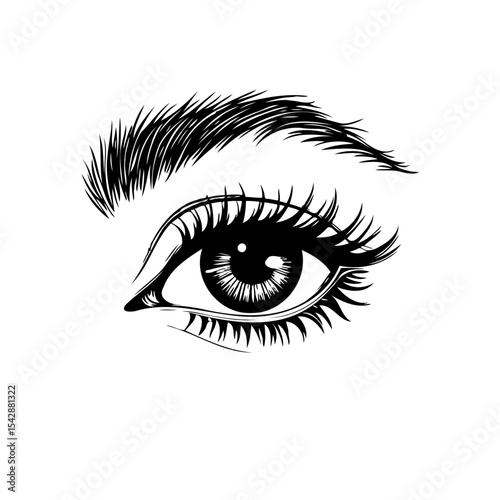 Stylized eye illustration with detailed eyebrow and lashes in black and white
