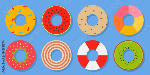 Cute inflatable ring icon set. Trendy floating swim tube collection