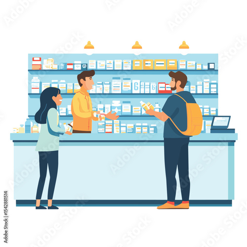 Pharmacist helping customers to choose drugs in pharmacy
