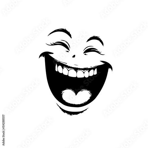 Stylized black and white illustration of a laughing face with closed eyes