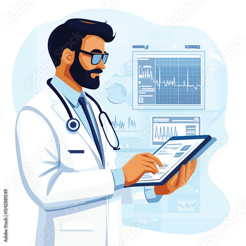 Cardiologist reviewing a patient's electronic health record on a tablet