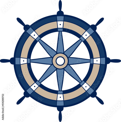 A nautical wheel with stylized, sharp-edged spokes with white background.