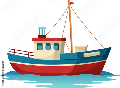 A small fishing boat sailing through a calm sea, simple and elegant with white background.