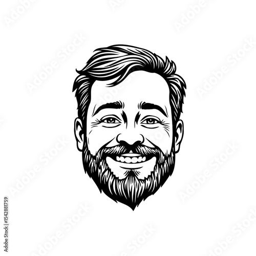 Detailed black and white illustration of a happy bearded man with modern hairstyle