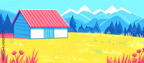 Vibrant Blue House in Sunny Mountain Meadow