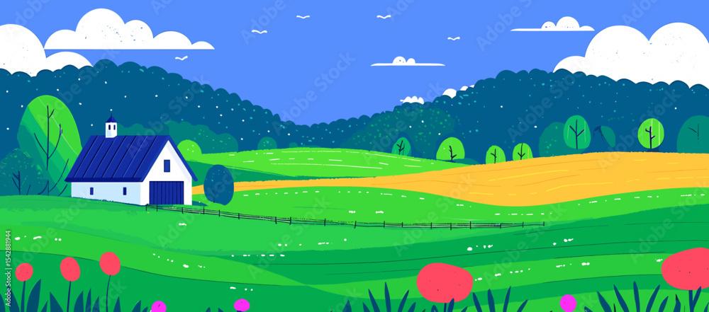 Fototapeta premium Whimsical Barn and Rolling Hills Under a Bright Blue Sky with Clouds